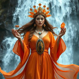 The Goddess of Water is depicted in a magical, otherworldly style, wearing a deep orange colored dress with beautifully flowing sleeves that mimic the gentle movement of water