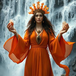 The Goddess of Water is depicted in a magical, otherworldly style, wearing a deep orange colored dress with beautifully flowing sleeves that mimic the gentle movement of water