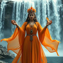 The Goddess of Water is depicted in a magical, otherworldly style, wearing a deep orange colored dress with beautifully flowing sleeves that mimic the gentle movement of water