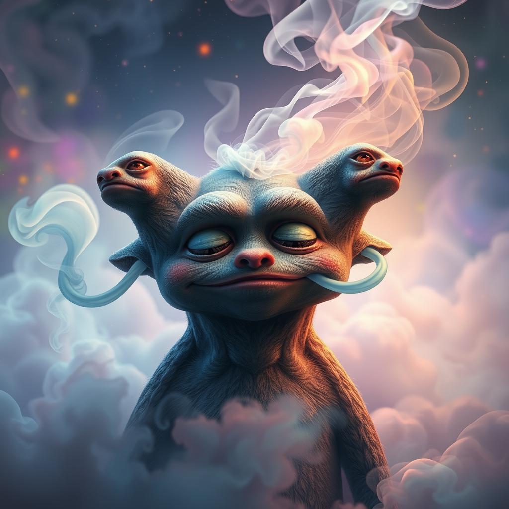 A Weezing exhaling clouds of smoke with a relaxed expression, set in a surreal, otherworldly environment