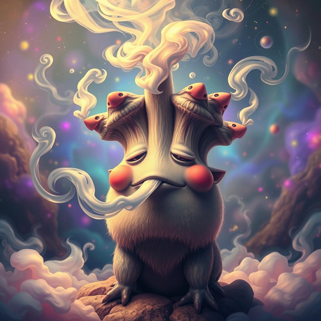 A Weezing exhaling clouds of smoke with a relaxed expression, set in a surreal, otherworldly environment