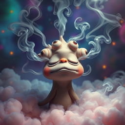 A Weezing exhaling clouds of smoke with a relaxed expression, set in a surreal, otherworldly environment