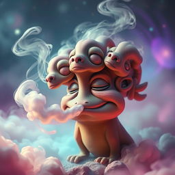 A Weezing exhaling clouds of smoke with a relaxed expression, set in a surreal, otherworldly environment