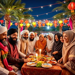 Bearded Muslim men and veiled Muslim women celebrating a joyful occasion together