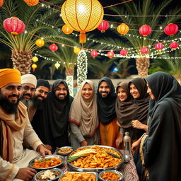 Bearded Muslim men and veiled Muslim women celebrating a joyful occasion together