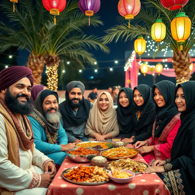 Bearded Muslim men and veiled Muslim women celebrating a joyful occasion together