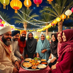 Bearded Muslim men and veiled Muslim women celebrating a joyful occasion together