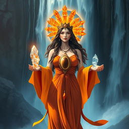 The Goddess of Water, depicted in a stylized fantasy art style, wears a deep orange colored dress with flowing sleeves that ripple like water, symbolizing her fluid nature