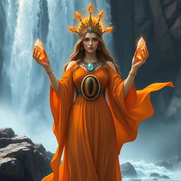 The Goddess of Water, depicted in a stylized fantasy art style, wears a deep orange colored dress with flowing sleeves that ripple like water, symbolizing her fluid nature