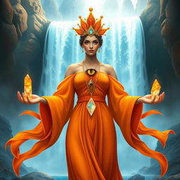 The Goddess of Water, depicted in a stylized fantasy art style, wears a deep orange colored dress with flowing sleeves that ripple like water, symbolizing her fluid nature