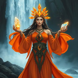 The Goddess of Water, depicted in a stylized fantasy art style, wears a deep orange colored dress with flowing sleeves that ripple like water, symbolizing her fluid nature