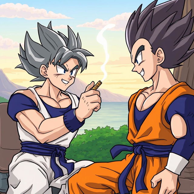 Son Goku handing a joint to Vegeta, both characters are in a relaxed, casual setting with a serene background