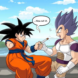 Son Goku handing a joint to Vegeta, both characters are in a relaxed, casual setting with a serene background