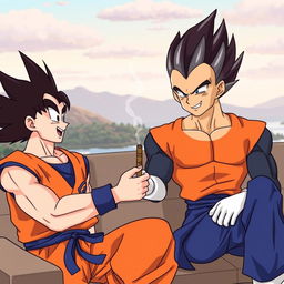 Son Goku handing a joint to Vegeta, both characters are in a relaxed, casual setting with a serene background