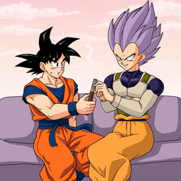 Son Goku handing a joint to Vegeta, both characters are in a relaxed, casual setting with a serene background