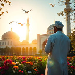 A serene scene capturing the essence of Islamic culture, featuring a stunning mosque with intricate geometric patterns and domes glistening under the golden rays of the sun