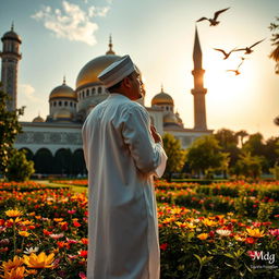 A serene scene capturing the essence of Islamic culture, featuring a stunning mosque with intricate geometric patterns and domes glistening under the golden rays of the sun