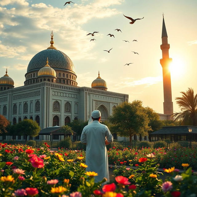A serene scene capturing the essence of Islamic culture, featuring a stunning mosque with intricate geometric patterns and domes glistening under the golden rays of the sun