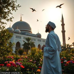 A serene scene capturing the essence of Islamic culture, featuring a stunning mosque with intricate geometric patterns and domes glistening under the golden rays of the sun