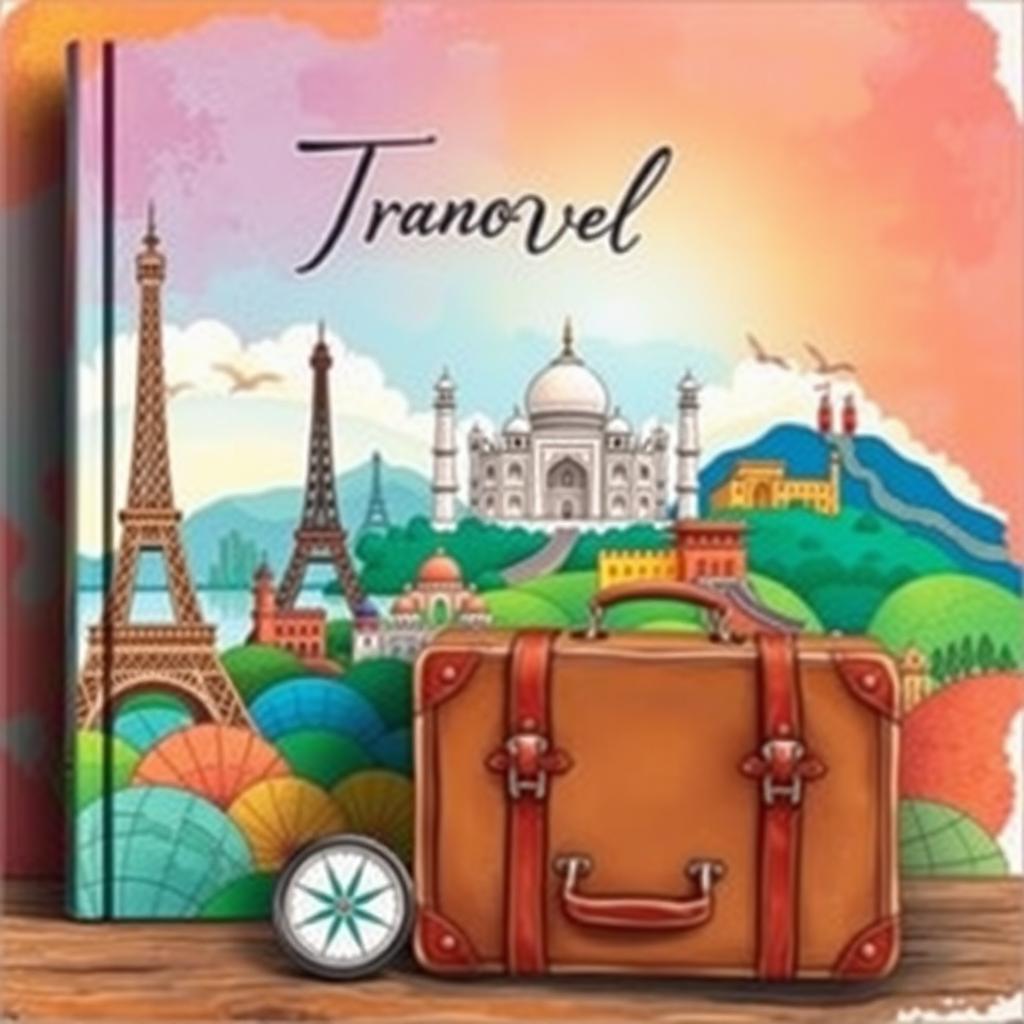 A beautifully illustrated travel book cover featuring a stunning panorama of iconic global landmarks such as the Eiffel Tower, Taj Mahal, and Great Wall of China