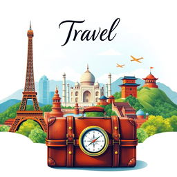 A beautifully illustrated travel book cover featuring a stunning panorama of iconic global landmarks such as the Eiffel Tower, Taj Mahal, and Great Wall of China