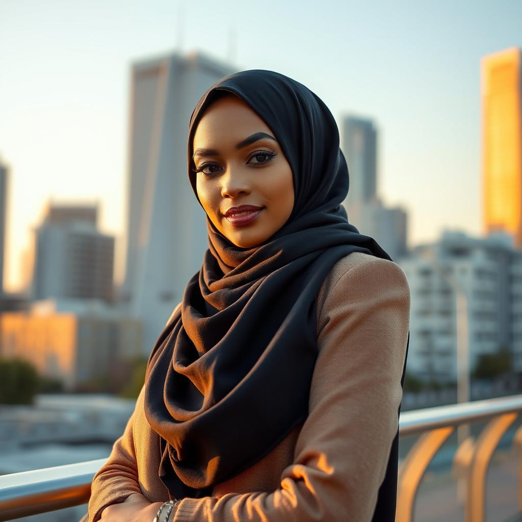 A stunning and confident Muslim woman exuding elegance and allure, with a focus on her fashionable and sophisticated style