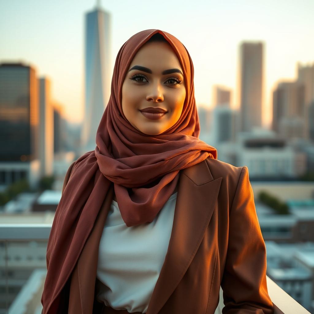 A stunning and confident Muslim woman exuding elegance and allure, with a focus on her fashionable and sophisticated style