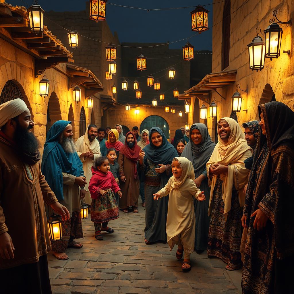 A heartwarming scene of bearded Muslim men and veiled Muslim women joyfully celebrating in an ancient village at night