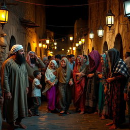 A heartwarming scene of bearded Muslim men and veiled Muslim women joyfully celebrating in an ancient village at night