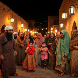 A heartwarming scene of bearded Muslim men and veiled Muslim women joyfully celebrating in an ancient village at night