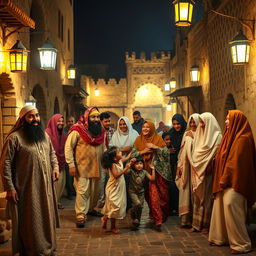 A heartwarming scene of bearded Muslim men and veiled Muslim women joyfully celebrating in an ancient village at night