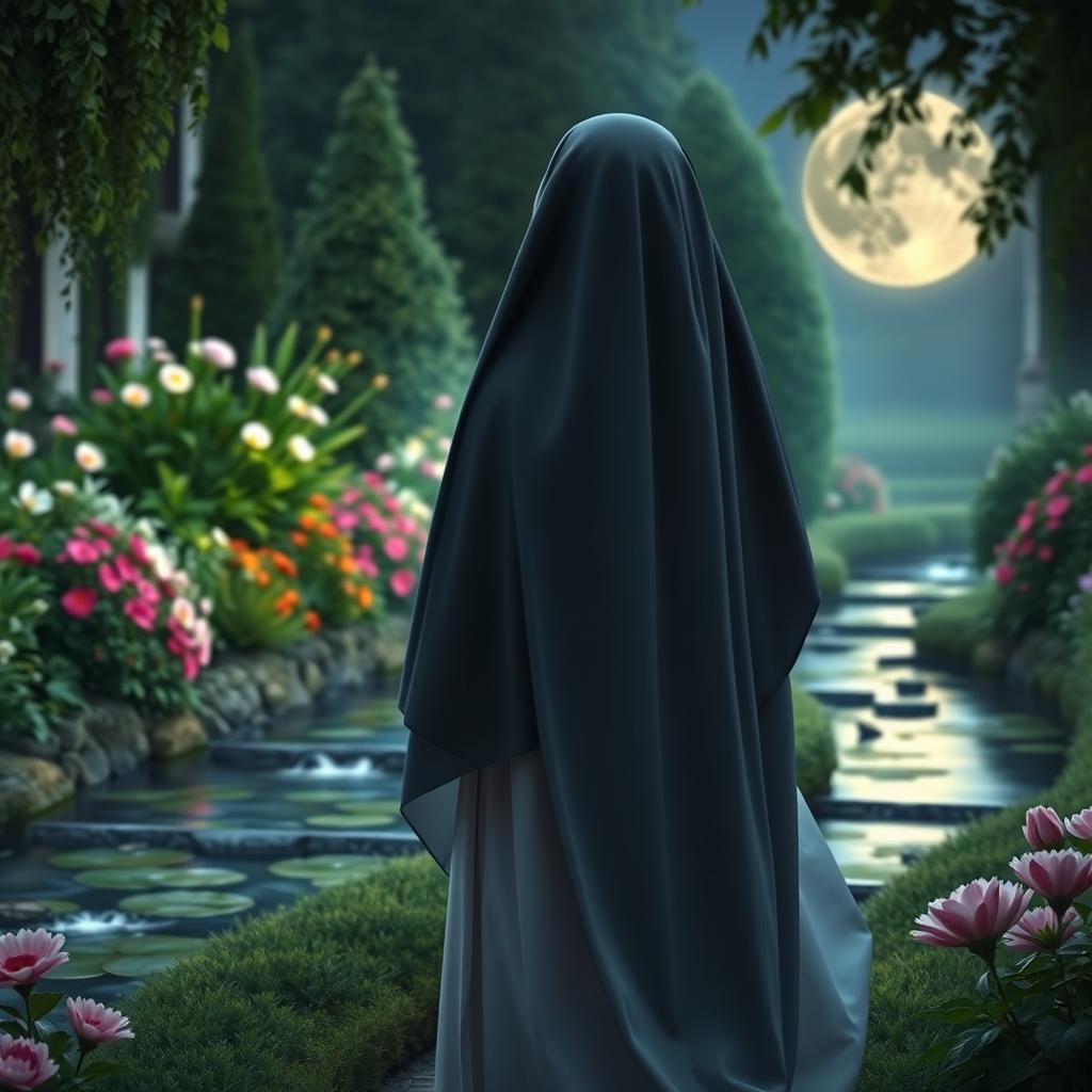 A nun standing in a serene, moonlit garden, surrounded by lush flowers and gentle streams