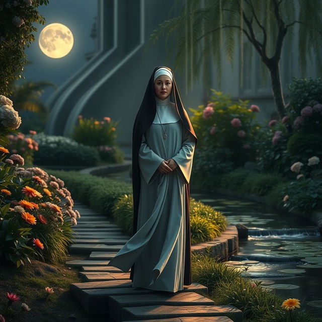 A nun standing in a serene, moonlit garden, surrounded by lush flowers and gentle streams