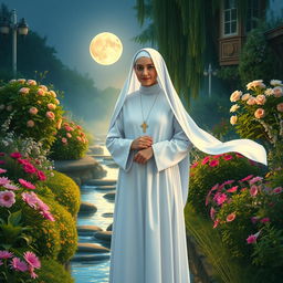 A nun standing in a serene, moonlit garden, surrounded by lush flowers and gentle streams