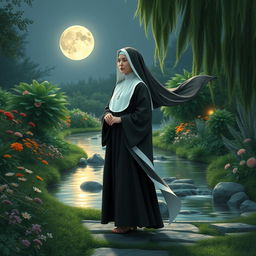 A nun standing in a serene, moonlit garden, surrounded by lush flowers and gentle streams