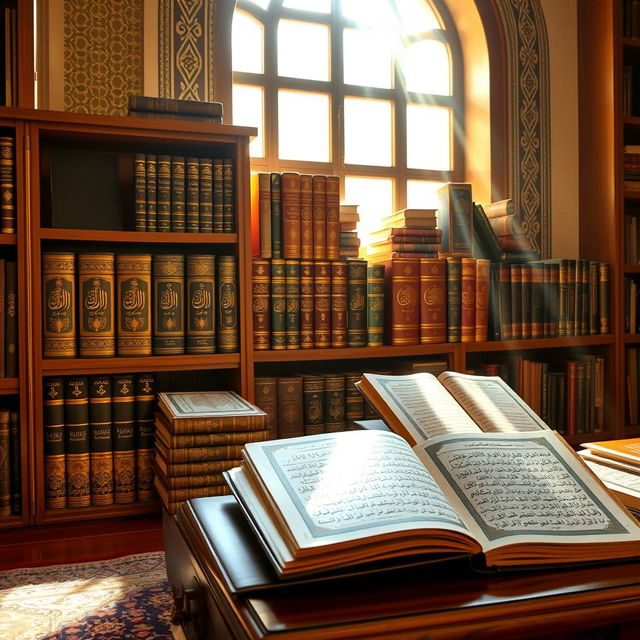 A collection of various books on the interpretation of the Holy Quran, elegantly displayed on a bookshelf