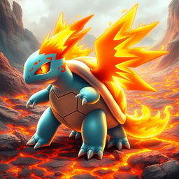 A realistic fusion of the Pokémon Squirtle and Moltres, combining the features of both creatures