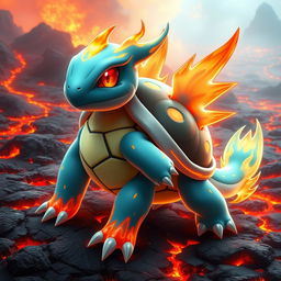 A realistic fusion of the Pokémon Squirtle and Moltres, combining the features of both creatures