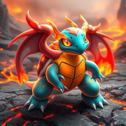 A realistic fusion of the Pokémon Squirtle and Moltres, combining the features of both creatures