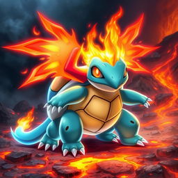 A realistic fusion of the Pokémon Squirtle and Moltres, combining the features of both creatures