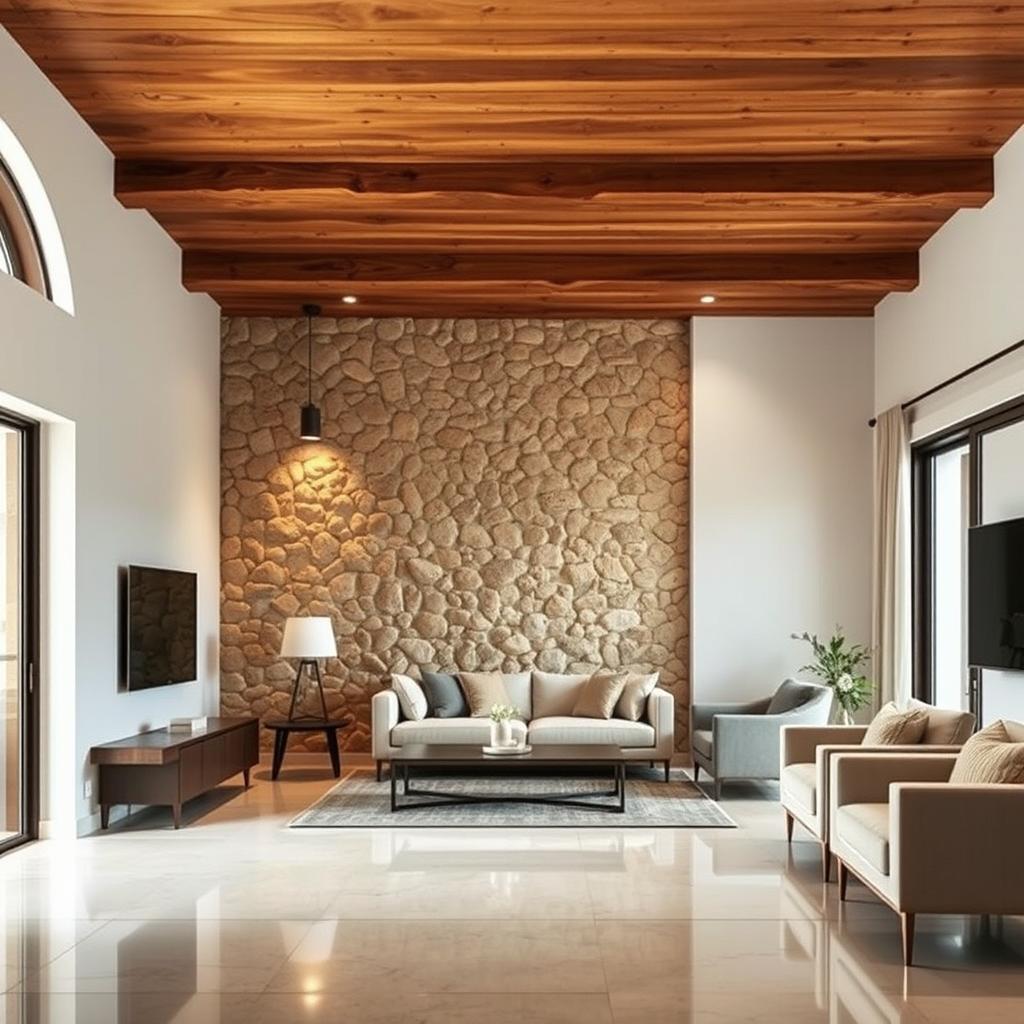 Charming living room featuring a rustic wooden ceiling and pristine porcelain flooring, creating a harmonious balance of warmth and elegance