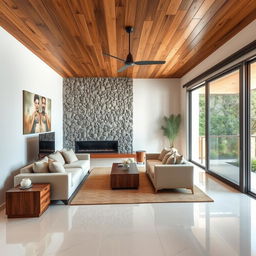 Charming living room featuring a rustic wooden ceiling and pristine porcelain flooring, creating a harmonious balance of warmth and elegance