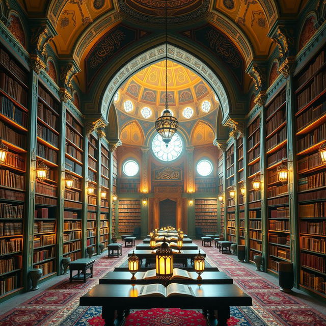 a serene and majestic Islamic library, filled with beautifully ornate bookshelves and intricately designed arches, featuring stunning Arabic calligraphy and Persian rugs