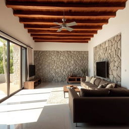 Charming living room featuring a rustic wooden ceiling and pristine porcelain flooring, creating a harmonious balance of warmth and elegance