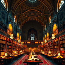 a serene and majestic Islamic library, filled with beautifully ornate bookshelves and intricately designed arches, featuring stunning Arabic calligraphy and Persian rugs