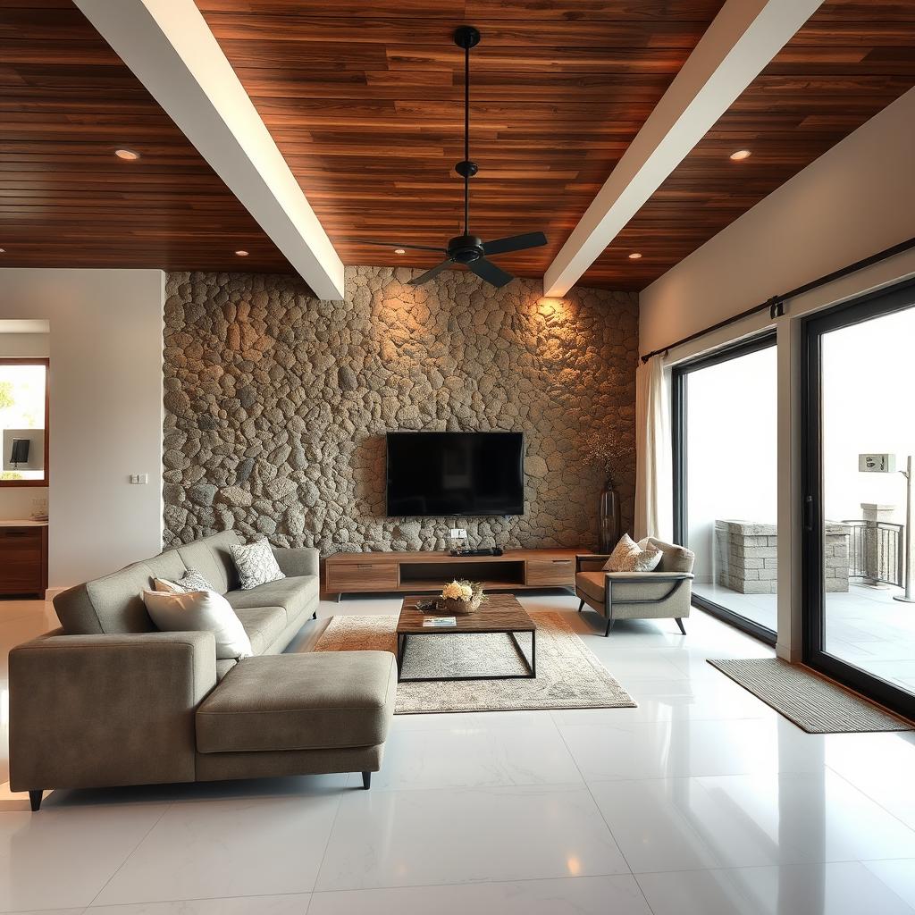 Charming living room featuring a rustic wooden ceiling and pristine porcelain flooring, creating a harmonious balance of warmth and elegance