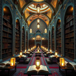 a serene and majestic Islamic library, filled with beautifully ornate bookshelves and intricately designed arches, featuring stunning Arabic calligraphy and Persian rugs