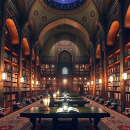 a serene and majestic Islamic library, filled with beautifully ornate bookshelves and intricately designed arches, featuring stunning Arabic calligraphy and Persian rugs