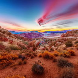 Generate an image of a breathtaking landscape considered the most amazing place on earth, with vibrant colors, diverse flora, stunning geographical features and a breathtaking sunset.