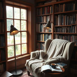 A quaint and cozy small library room filled with a variety of books on wooden shelves, featuring a comfortable armchair with a soft, knitted blanket draped over it